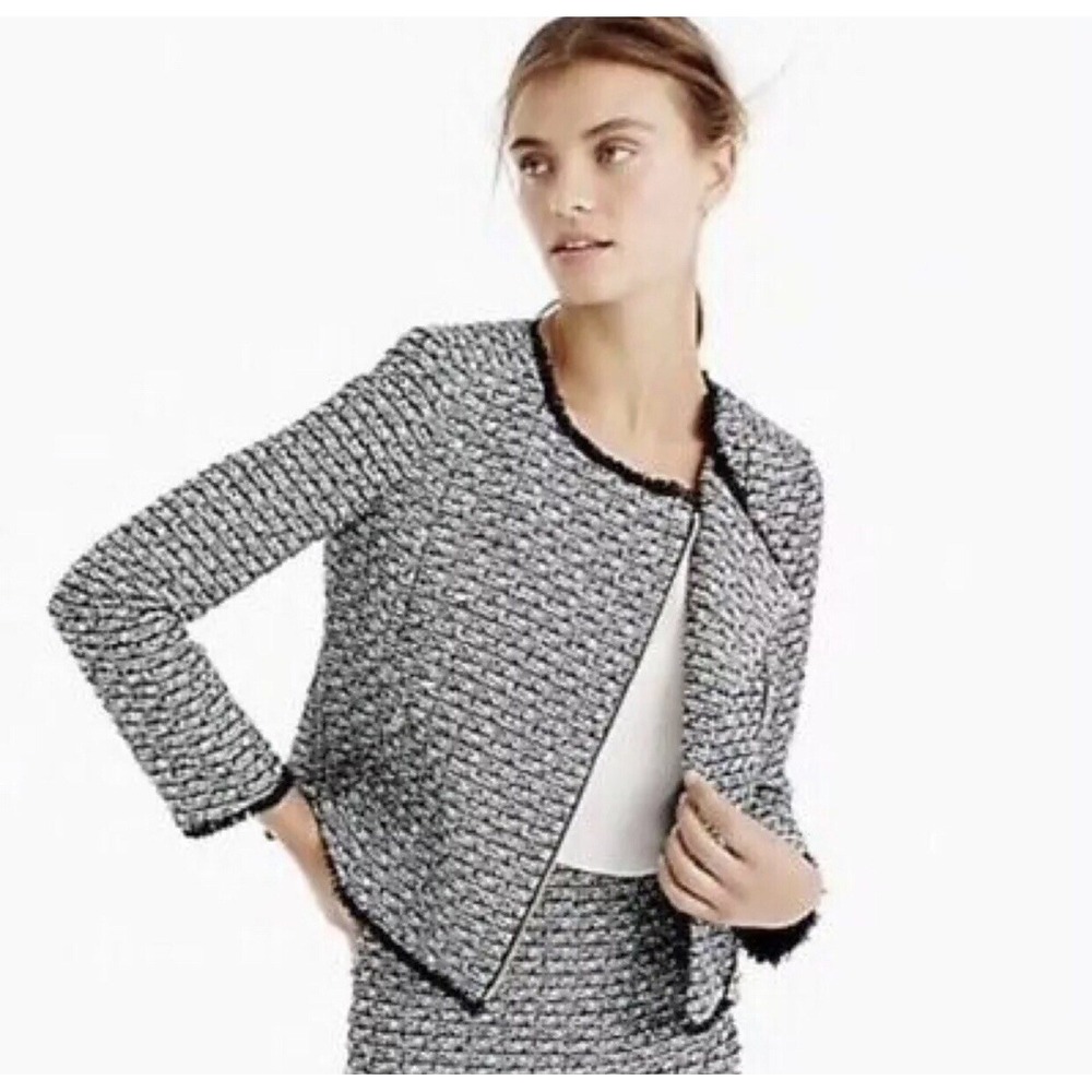 J. Crew Tweed Boucle Jacket Women's 12 Black‎ Fringe Hem Zip Moto Blazer NEW